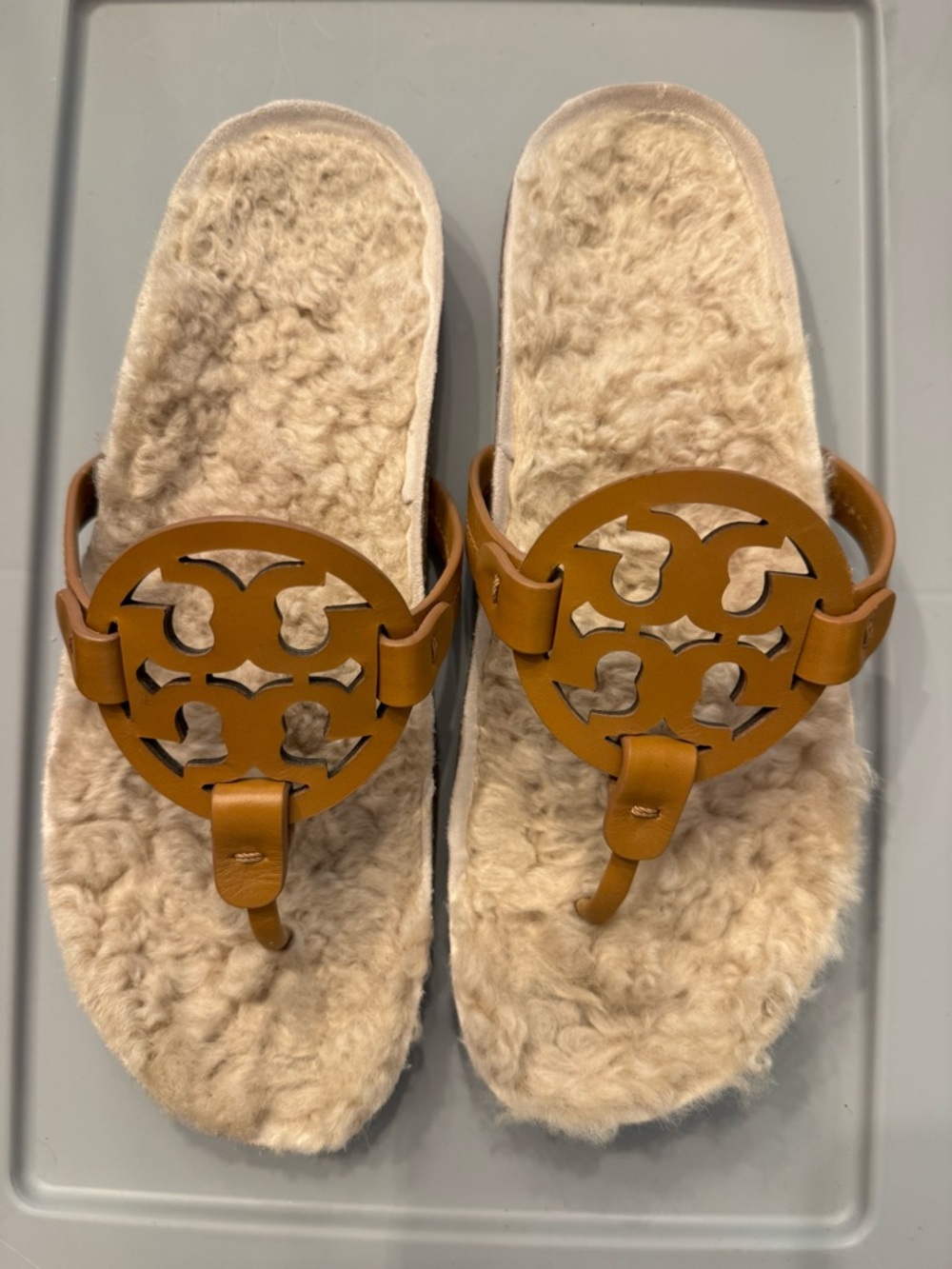 Tory Burch Shearling Thong Sandals with Leather Logo Medallion